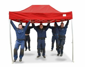 6 Mann (rund 550kg) hängen in einem 3x2m Faltzelt der ALU-HEXAGON-Serie