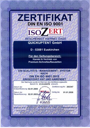 Die QUICKUPTENT GmbH ist nach DIN EN ISO 9001:2015 im Qualitätsmanagement zertifiziert und bietet Ihnen geprüfte Qualität.